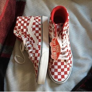 White and red checkered vans